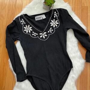 Instant Women's Black Long Sleeve V-Neck Bodysuit with Rhinestone Size Large
